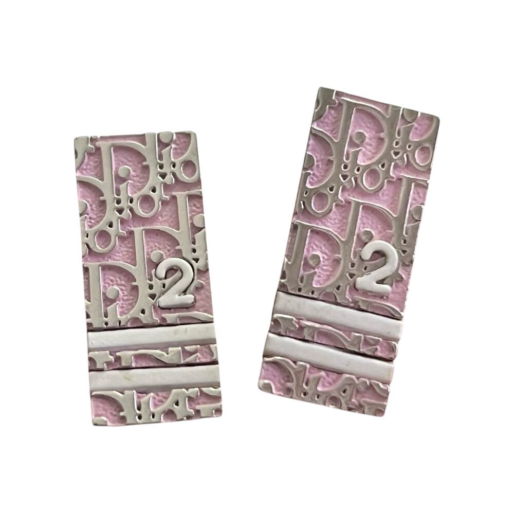 Vintage Christian Dior Silver Pink Trotter Diorissimo Oblique Logo Clip Earrings